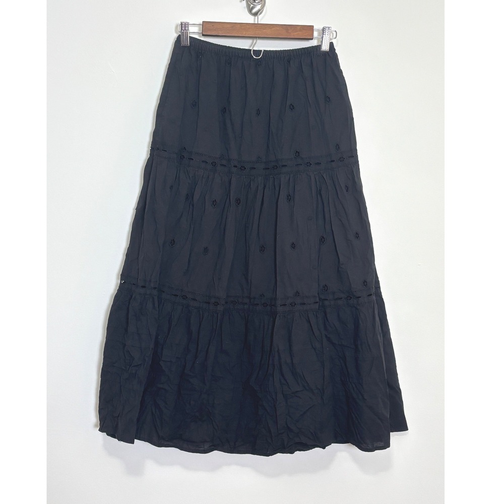 Jennifer & Grace Black Cotton Eyelet Tiered Midi Skirt S Peasant Boho Whimsigoth